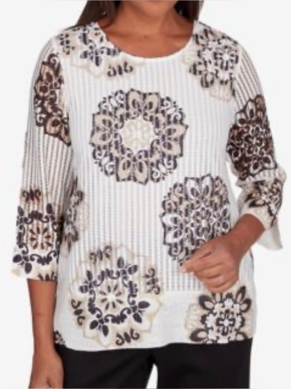 Alfred Dunner White Knit Top with Black & Tan Floral Medallions